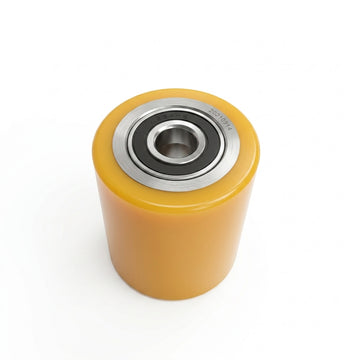 Yellow polyurethane pallet truck roller wheel with steel center and ball bearings